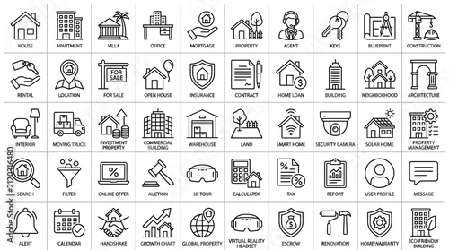 Set of house and building icons with people and objects