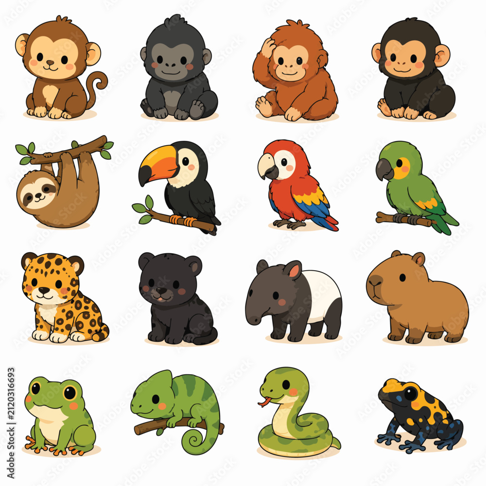 Fototapeta premium Cute Kawaii Jungle and Rainforest Animal Vector Collection