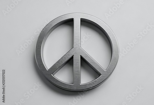 A metallic silver peace sign symbol isolated on a clean light grey studio background