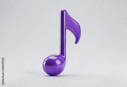A single shiny purple musical note isolated on a plain light grey studio background