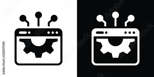 Web browser icon featuring a gear and network connection nodes inside, symbolizing web optimization and tech setup. Available in black and white vector styles.