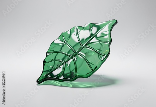 A beautiful translucent green glass sculpture shaped like a tropical leaf standing on a white background