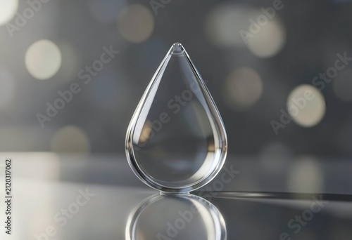 A single clear water drop centered on a reflective surface with a soft blurred bokeh background
