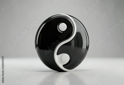 A polished oval stone sculpture featuring a black and white yin yang symbol on a neutral background