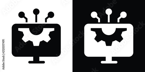 Computer monitor screen icon containing a cogwheel and connected nodes, representing system settings, software configuration, and tech management. Vector design.