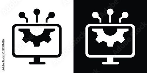 Computer monitor screen icon containing a cogwheel and connected nodes, representing system settings, software configuration, and tech management. Vector design.