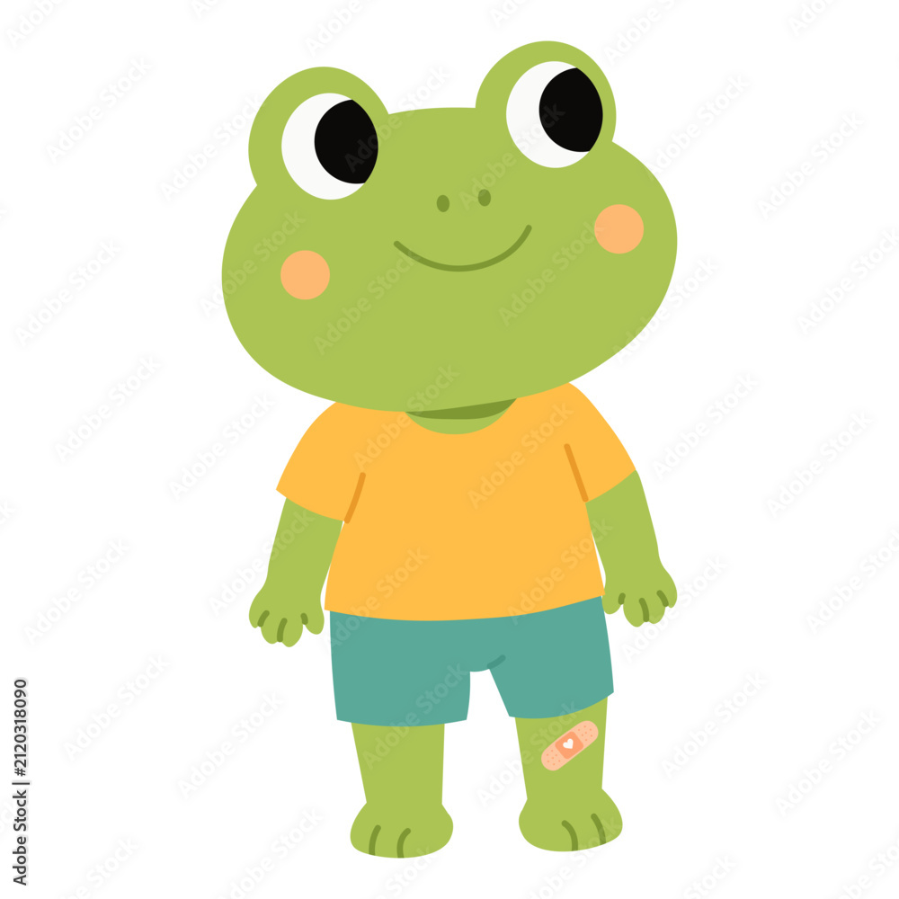 Obraz premium Cute frog patient character standing with a adhesive bandage on its leg knee. Little injured animal mascot on white background for pediatric medicine, first aid, and kids health care.