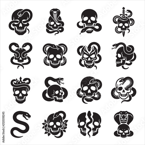 Bild auf Leinwand Skulls and snakes tattoo style icon set with collection illustration monochrome