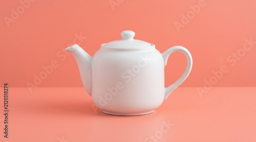 Minimalist white ceramic teapot with lid and handle, isolated on a solid coral pink background.