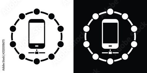 Smartphone symbol enclosed in a circular node ring, representing mobile device integration, wireless network connection, and app synchronization.