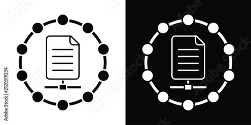 Document file icon inside a circular node network ring, illustrating secure document sharing, cloud filing, and digital data management. Vector format.