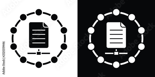 Document file icon inside a circular node network ring, illustrating secure document sharing, cloud filing, and digital data management. Vector format.
