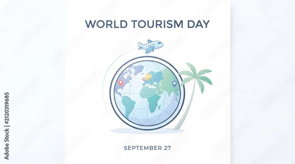 Fototapeta premium World tourism day minimalist icon design with a globe, airplane, and palm tree isolated on white background