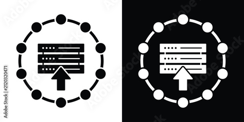 Server rack with an upload arrow inside a circular node ring, representing data migration, database upload, and server deployment. Clean vector style.