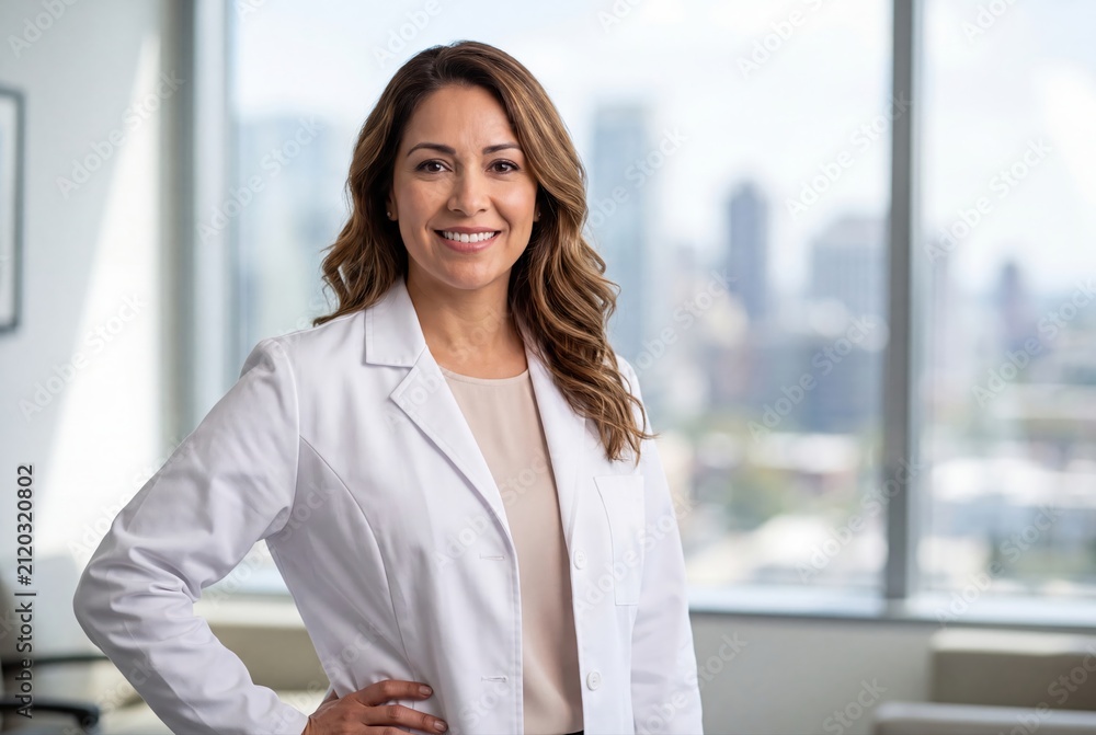 Fototapeta premium Female doctor portrait smiling in modern clinic office professional