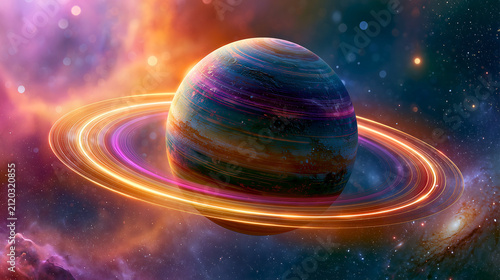 Vibrant gas giant planet with radiant rings in cosmic space background with exuding ethereal futuristic mood showcases vivid digitally