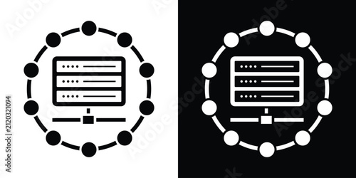 Server rack inside a connected circular node ring, representing centralized network architecture, database hosting, and system infrastructure. Black and white vector.