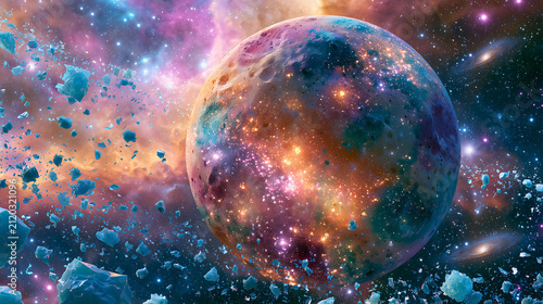 Cosmic celestial body surrounded by floating space debris with depicts vibrant celestial sphere enveloped dynamic cosmic backdrop shimmering nebulae