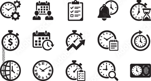 Set of black and white time management icons designed as clean flat vectors for business planning projects