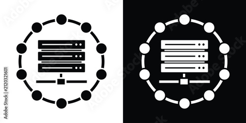 Server rack inside a connected circular node ring, representing centralized network architecture, database hosting, and system infrastructure. Black and white vector.