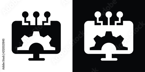 Computer monitor screen icon containing a cogwheel and connected nodes, representing system settings, software configuration, and tech management. Vector design.