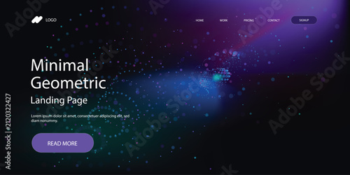 Minimal geometric landing page template website design with dark futuristic background and glowing particle sphere for modern technology company startup