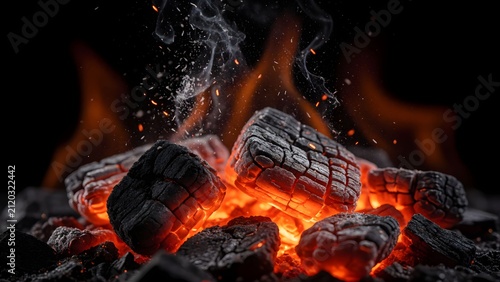 Dramatic close-up of burning embers glowing in a dark charcoal fire