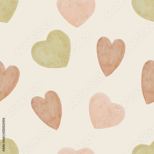 Seamless watercolor hearts pattern with soft pastel colors. Cute romantic design feels playful and gentle and perfect for nursery or wrapping paper.