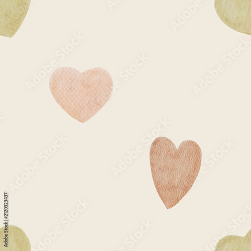 Seamless watercolor hearts pattern with minimal pastel composition. Soft romantic design feels elegant and cozy and perfect for fabric or stationery.