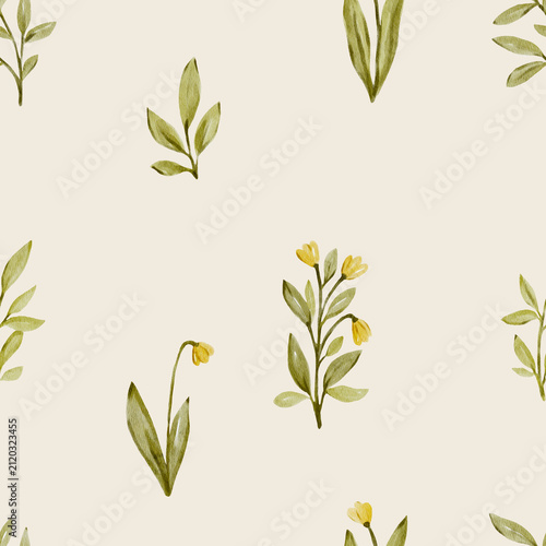 Seamless watercolor botanical pattern with delicate meadow leaves and flowers. Minimal natural design feels fresh and elegant and perfect for textile or wallpaper.