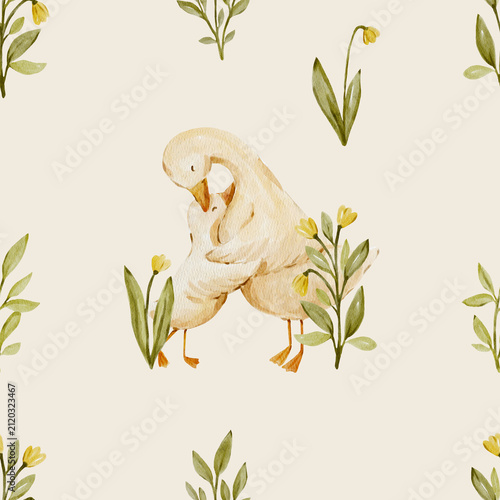 Seamless watercolor goose pattern with delicate meadow leaves. Cozy countryside design feels playful and natural and perfect for nursery or textile.