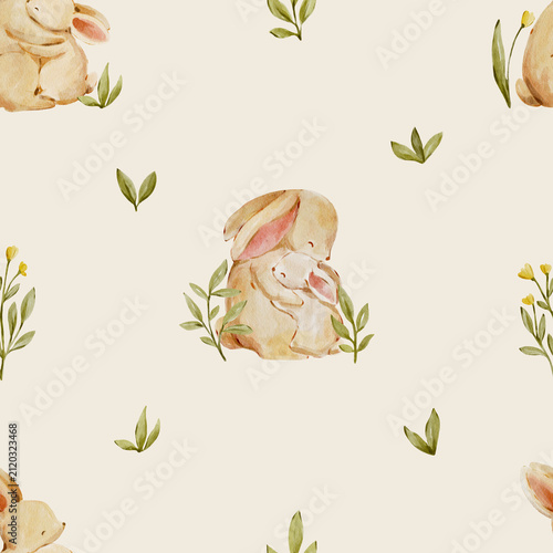 Seamless watercolor bunny family pattern with botanical leaves. Gentle woodland design feels playful and cozy and perfect for nursery decor.