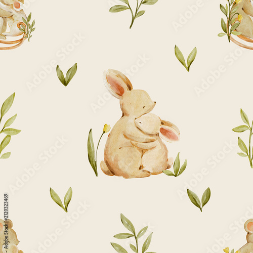 Seamless watercolor bunny pattern with delicate botanical leaves. Sweet woodland design feels cozy and gentle and perfect for nursery decor or fabric.