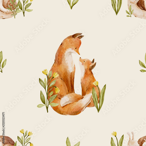 Seamless watercolor fox family pattern with soft woodland leaves. Charming forest design feels warm and heartwarming and perfect for nursery or textile.