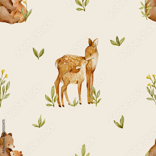 Seamless watercolor deer pattern with woodland botanical elements. Delicate forest design feels calm and elegant and perfect for nursery or fabric.
