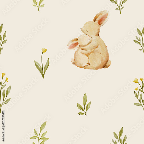 Seamless watercolor bunny pattern with soft botanical accents. Sweet woodland design feels playful and cozy and perfect for nursery decor.