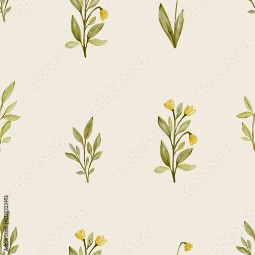 Seamless watercolor botanical pattern with delicate meadow leaves. Minimal natural design feels fresh and elegant and perfect for textile or wallpaper.