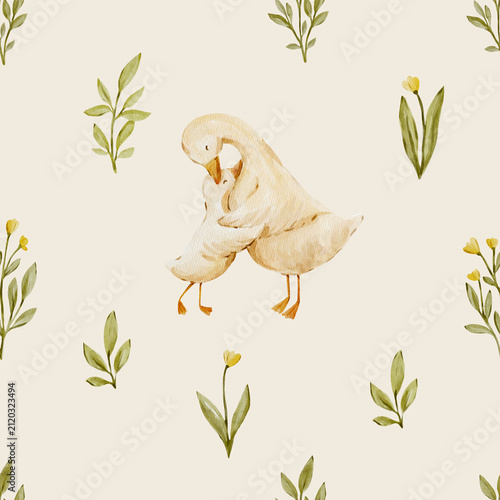 Seamless watercolor goose pattern with delicate botanical leaves. Cozy countryside design feels gentle and charming and perfect for nursery or fabric.