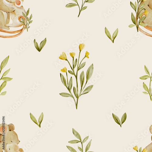 Seamless watercolor botanical pattern with yellow wildflowers and leaves and mouse. Delicate natural design feels soft and elegant and perfect for fabric or wallpaper.