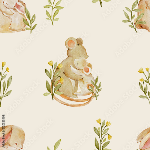Seamless watercolor mouse family pattern with botanical leaves. Cute woodland design feels warm and heartwarming and perfect for nursery or fabric.