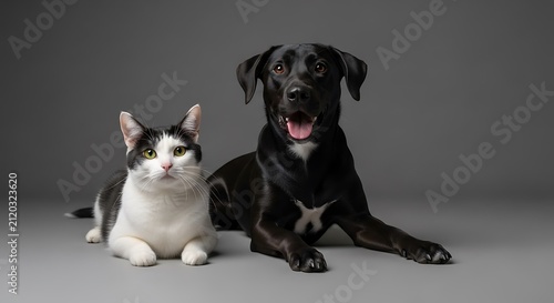 Portrait of a black dog and a bicolor cat