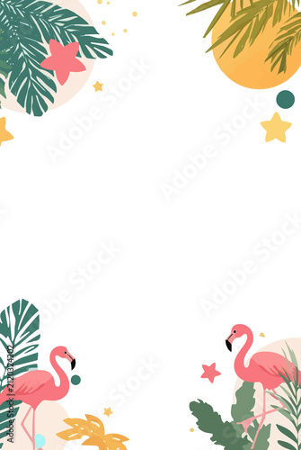 A vibrant vacation-themed greeting card featuring a template vector design with a flat aesthetic, incorporating bold colors and clean lines