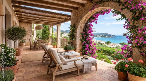 A serene stone Mediterranean villa terrace featuring comfortable wooden lounge chairs overlooking a vibrant bougainvillea archway frame with stunning turquoise coastal ocean vistas and blue sky
