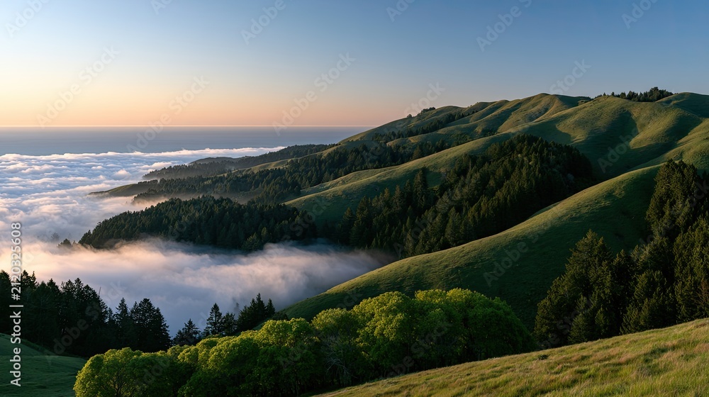Fototapeta premium Rolling green hills meet misty ocean, bathed in soft golden light