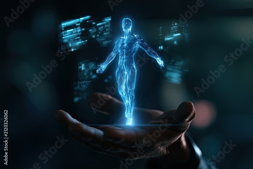 Glowing holographic human figure projected from an open palm against a dark background