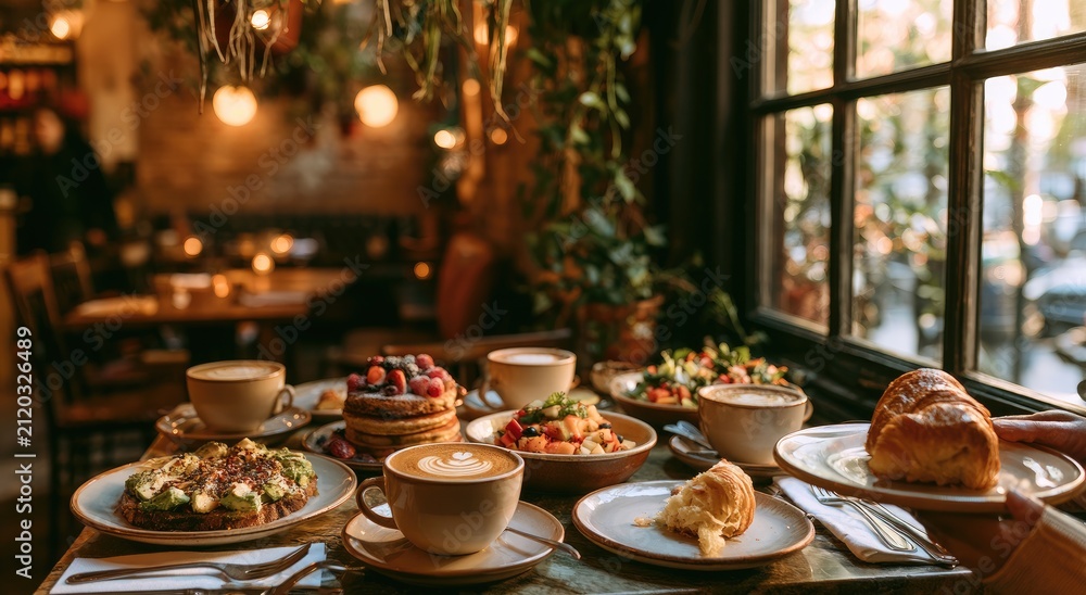 Fototapeta premium Cozy cafe setting with delicious food and drinks arranged on a table