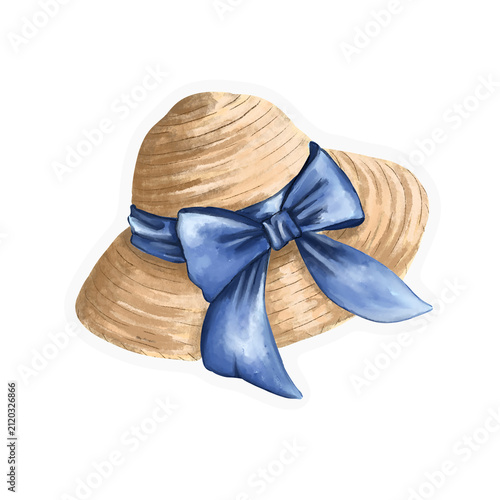 Watercolor Straw Hat with Blue Ribbon Sticker