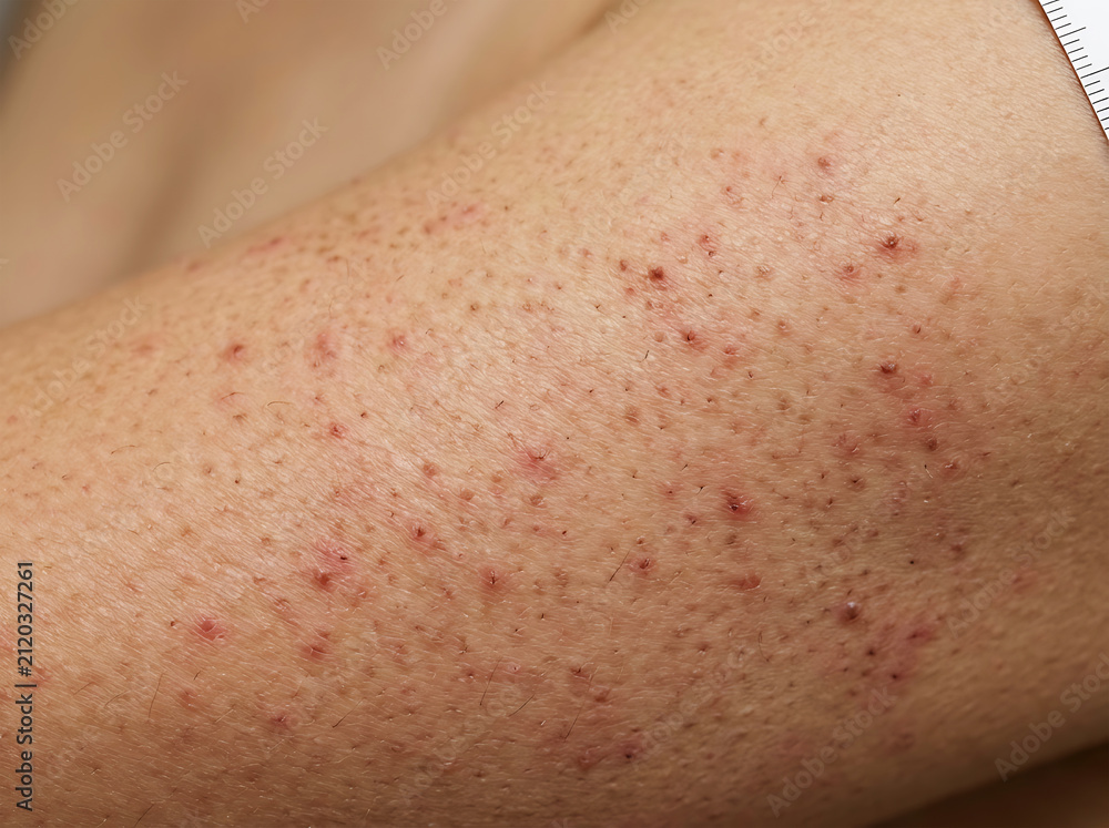 Fototapeta premium Close-up of human skin with bumpy texture and red marks