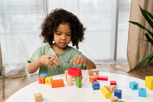 Fotografie Joyful playtime of a young boy building with colorful blocks at home