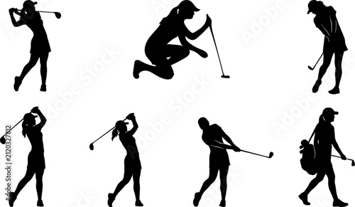 Woman golfer swinging putting and carrying golf bag vector silhouette collection